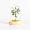 Crystal tree ornament with green stone leaves in glass dome on wooden base - Green Aventurine / 11*7.5cm / No Box