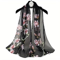 Elegant black chiffon long scarf with pink magnolia floral print for all seasons - Black Pink Magnolia