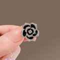 Elegant black rose stud earring with gold-trimmed petals and sparkling crystals - 246# Small Camellia