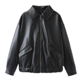 Detailed view of black PU leather jacket with silver metal zipper and elastic hem - XS / Black
