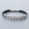 Bracciale punk in pelle intrecciata nera con perle rotanti in acciaio inox - Stile Perline Mantra Spinner / Color Acciaio