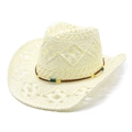 Hollow weave paper straw cowboy hat with bohemian turquoise bead trim decoration - M (56-58cm) / Creamy White
