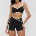 Black and white contrast yoga set with V-neck bra and cross waist shorts for women - S / V-Neck Strappy Bra & Shorts Set / Premium Black