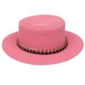 Pink wide brim straw sun hat with black leather and gold chain decoration for women - Thick Chain Decor Band Style (300N)