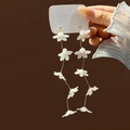 Elegant white resin petal tassel earrings with gold chain and clear crystal studs - Rhinestone Long Tassel Style (E2859-4/Silver Needle)