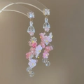 Detail of floral tassel earrings with pink flowers and clear crystal beads on gold chain - 70# 925 Sterling Silver Earring Post-Gold Pink-Gem Tassel (HE24970)