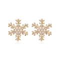 Golden snowflake stud earrings featuring centered pearl and sparkling crystal accents - Gold Rhinestone Snowflake