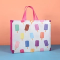 Waterproof non-woven shopping bag with colorful popsicle prints and pink handles - Colorful Popsicles