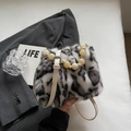 Chic leopard print plush bucket bag with yellow beaded handle and white leather strap - Leopard Print Black