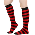 Close-up of red and black striped over-the-knee knit socks on legs with white background - Straight Without Heel / Red Black Wide Striped