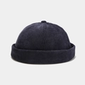 Minimalist navy blue corduroy docker cap with ribbed texture and rolled cuff edge - Adjustable / Navy Blue