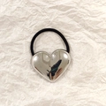 Elastic black ponytail holder with a polished silver heart-shaped metal charm - Silver Heart Smooth 5cm