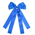 Detailed view of blue satin double-layered bow hair clip with elegant long ribbons - Sapphire Blue