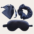 Three-piece dark blue faux silk sleep set including eye mask, scrunchie, and storage bag - Navy Blue 3-Piece Set