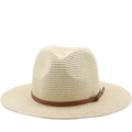 Sombrero fedora clásico de paja crema con banda decorativa de cuero marrón y hebilla - M(56-58cm) / Beige