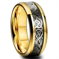 Men's titanium steel ring with black carbon fiber dragon pattern and gold plated edges - Gold Plated Black Carbon Fiber Silver Dragon