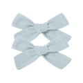 Minimalist light blue linen bow hair clip with textured fabric for girls on white background - Bow Hair Clips Set / Light Blue