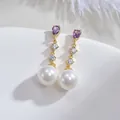 Elegante S925 zilveren oorbellen met paarse kristallen en glanzende witte parels - Paars Verguld