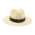Chapeau de paille beige avec bandeau en cuir, broderie florale et breloque tête de taureau - Crème