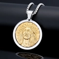 Round two-tone Medusa pendant necklace in gold and silver finish with box chain - Jesus Head Relief Style(C0601)