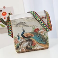 Ethnic canvas shoulder bag with peacock floral embroidery and colorful geometric strap - Peacock