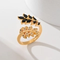 Elegant gold leaf ring with black marquise gem and clear stones in open-ring style - Black And White Double Leaf (JZ014)