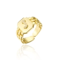 Detail of 18K gold-plated adjustable ring with AAA zircon letter J and chain texture - Letter J