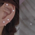 Silver plated floral screw back earrings with white zircon stones for multiple piercings - Four-petal Flower Rhinestone Combo (A200)