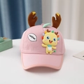 Detail view of pink baby baseball cap with cute dragon emblem and 3D plush antlers - Pink Antler Elf