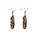 Detailed wire-wrapped Tree of Life design on black crystal hexagonal pillar earrings - Obsidian