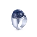 Polished silver stainless steel ring featuring a large domed blue starry foil glass stone - Metallic Blue Starry (KR88916S-K)