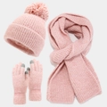 Close-up of pink knit set including hat with pompom, scarf, and touchscreen gloves - Pink
