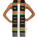 Black Kente style graduation stole featuring Black Grads Matter text and fringes - Black Grads Matter Style