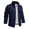 Detailed close-up of dark blue knitted waffle jacket featuring silver buttons and chest pocket - Navy Blue