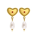 Vintage gouden hartvormige oorbellen met parels en rode kristallen voor dames - Gouden Robijn Hart met Witte Trappelparels-ED-656G