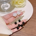 Elegant 925 silver fringe earrings with white rose, gold chains and black teardrop pendant - E0446 Silver Needle (Rose Black Drop Tassel Gold White)