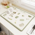 Absorbent sage green kitchen drying mat with cartoon utensils and Love Life slogan - Happy Kitchen Light Green
