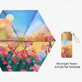 Flat 6-fold capsule umbrella with Moon Rose oil painting print and titanium sun coating - 6-Fold Rose Under The Moon - Titanium Sunscreen Coating