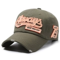 Army green washed denim baseball cap with orange New York embroidery and distressed holes - Adjustable / Army Green