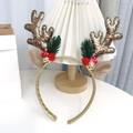 Sparkly gold sequin reindeer antler headband with festive bell and mushroom details - Khaki