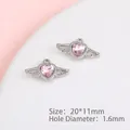 Detail of pink heart angel wing pendant, size 20x11mm with a 1.6mm hole for DIY jewelry - Angel Wing Heart / Silver/Pink Zirconia
