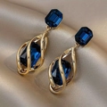 Elegant gold spiral drop earrings featuring deep blue rectangular faceted gemstones - Steel Post Spiral Gem (18#)