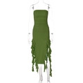 Ruched grass green strapless midi dress with asymmetric ruffled hem for women - Army Green