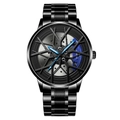 Men's car wheel hub watch with black steel strap and blue brake caliper design - Black Case Blue Caliper - Black Steel Band