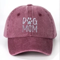 Vintage burgundy washed denim baseball cap with grey DOG MOM and paw print embroidery - One Size / Burgundy