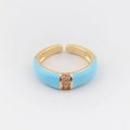 Detail of gold-plated open ring with sky blue enamel and rows of sparkling cubic zirconia - Adjustable Open / Lake Blue