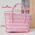 Pink and white woven gift basket with dual handles, small size 15cm height for beach or wedding - Small (No Bow) / Pink Stripe