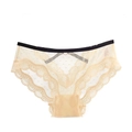 Beige low-waist lace panties with black polka dot mesh and elastic waistband - Nude