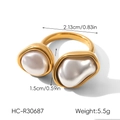 Golden stainless steel open ring featuring two elegant white baroque pearls - Double Irregular Pearl Open Style (HC-R30687)