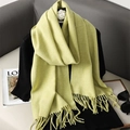 Soft pale yellow cashmere-like scarf with fringe details for a cozy autumn look - Goose Yellow